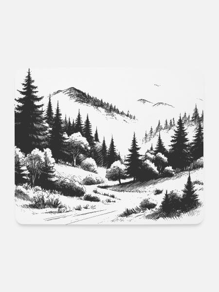 Wald Berge Landschaft Zeichnung - Mousepad (Querformat) - Weiß