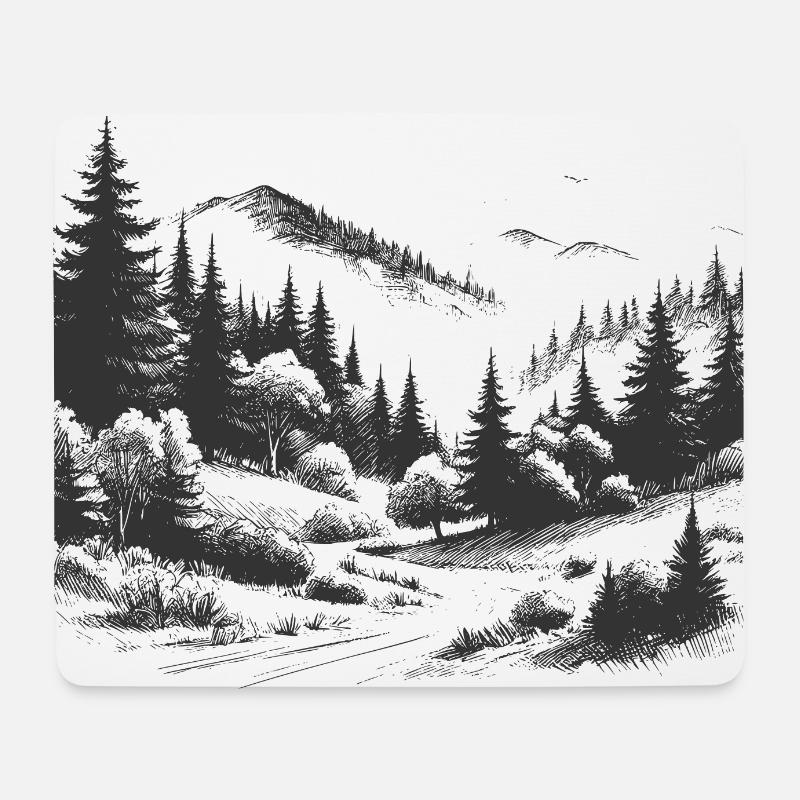 Dessin de paysage de montagnes forestières - Tapis de souris (format paysage) - blanc