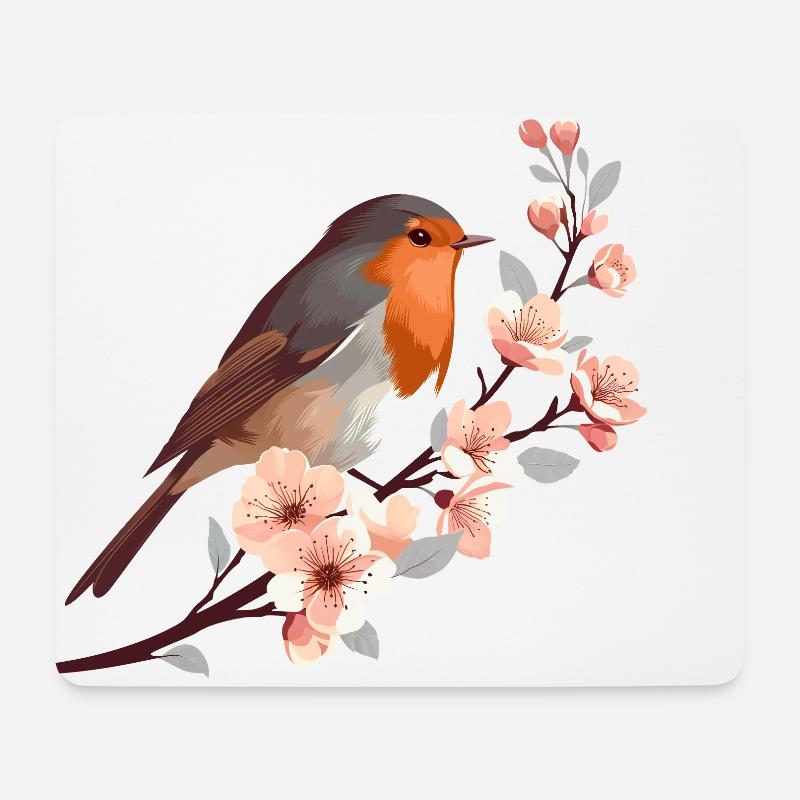 Rotkehlchen auf Kirschblüte - Mousepad (Querformat) - Weiß