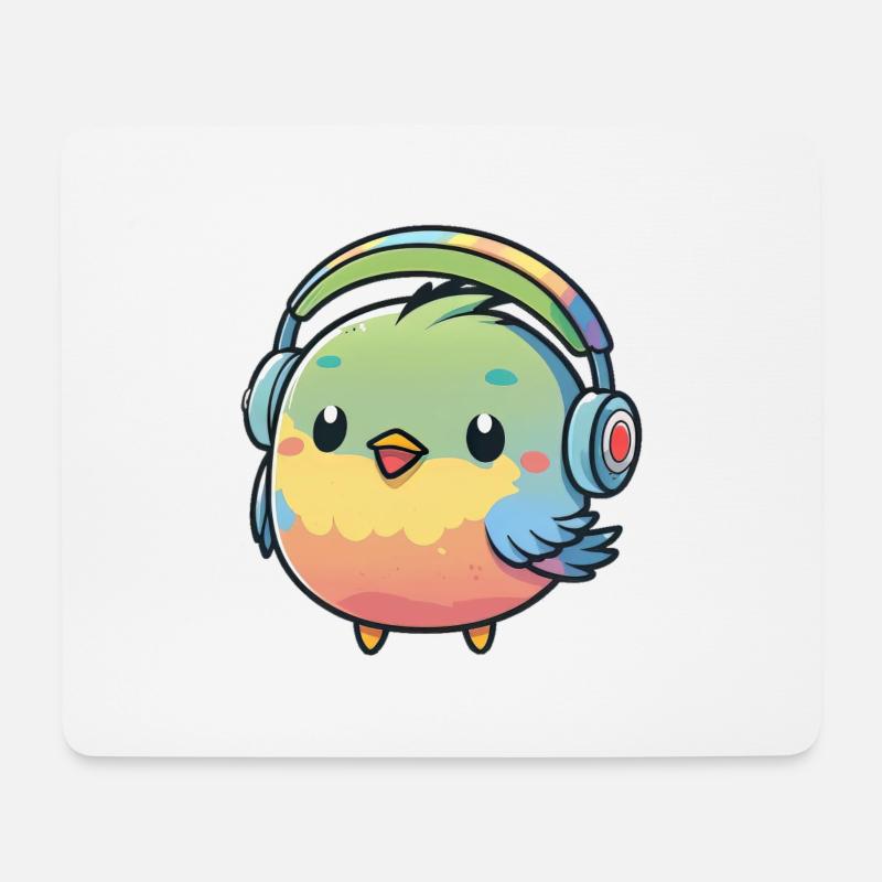 Kawaii Niedlicher glücklicher bunter Vogel mit Kopfhörern - Mousepad (Querformat) - Weiß