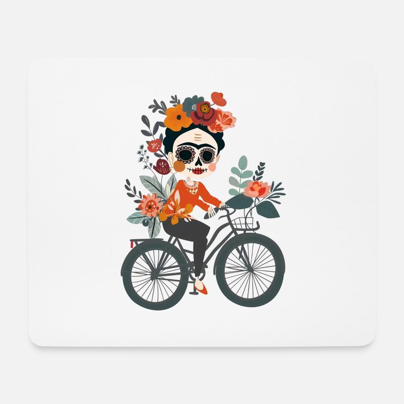 Femme sur Vélo Crâne Art Avec Fleurs - Tapis de souris (format paysage) - blanc