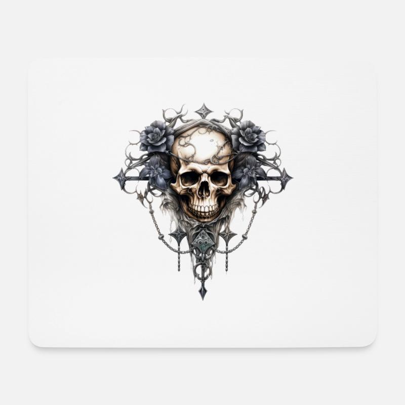 Gothic Kunstdruck mit Totenkopf und Rosen - Mousepad (Querformat) - Weiß