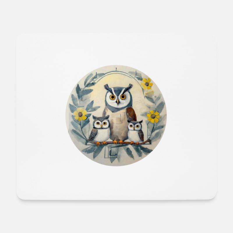 Maman hibou avec ses trois petits - Tapis de souris (format paysage) - blanc