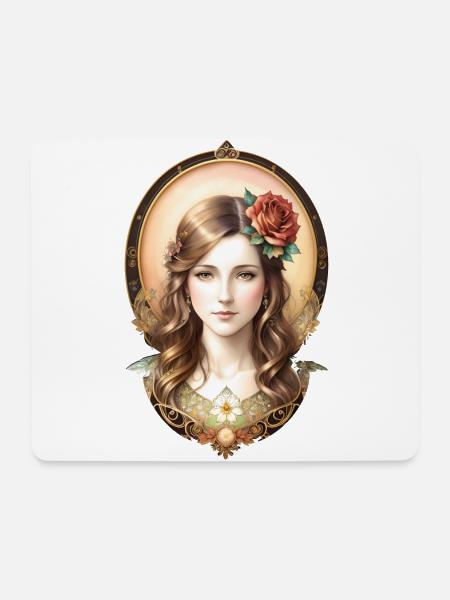 Jugendstilfrau mit Rosenportrait im Vintage-Stil - Mousepad (Querformat) - Weiß
