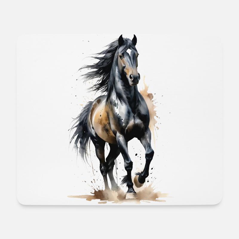 Schneidiger schwarzer Hengst - Aquarell - Mousepad (Querformat) - Weiß