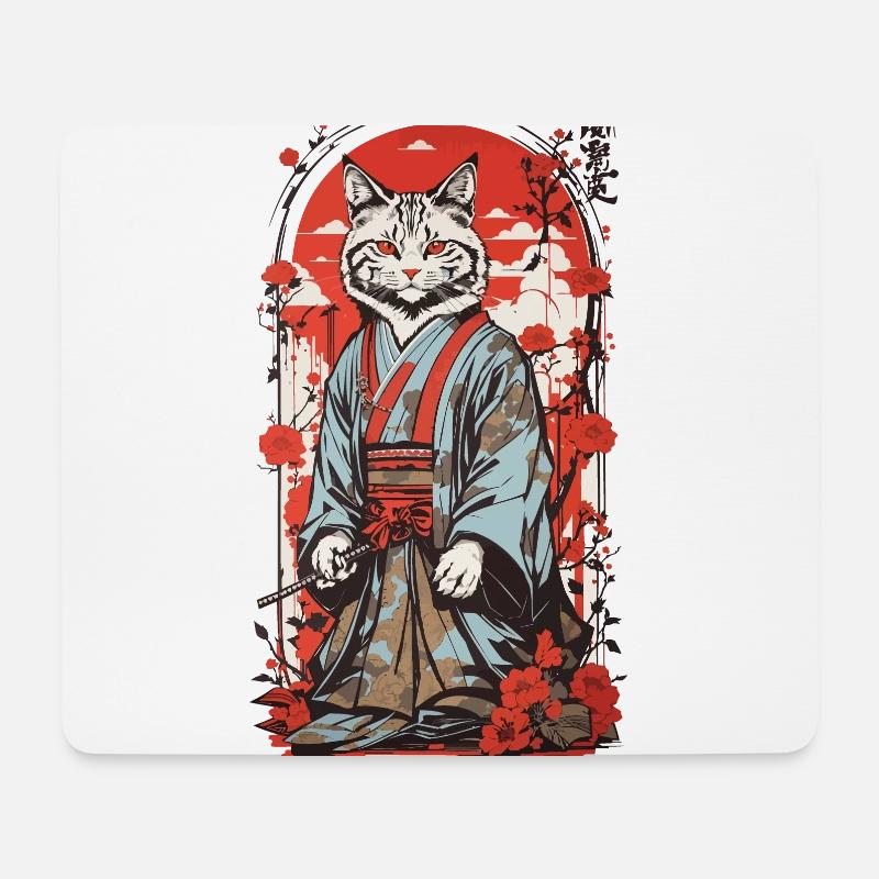 Samurai Katze Japanische Ukiyo-E Katzen Kunst - Mousepad (Querformat) - Weiß