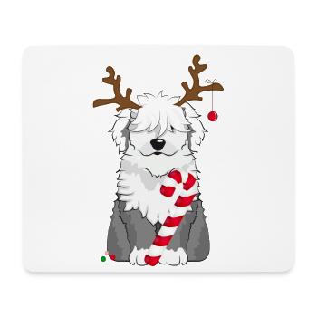Chien bobtail avec canne à sucre et bois de renne - Tapis de souris (format paysage) - blanc - Devant