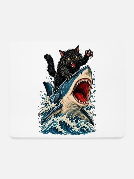 Angry Black Cat Riding a Great White Shark - Mousepad (Querformat) - Weiß