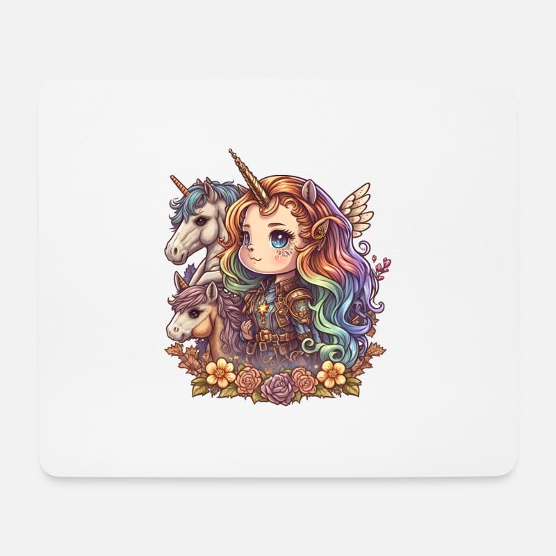 00258 Mädchen mit Regenbogenhaaren und Einhorn - Mousepad (Querformat) - Weiß