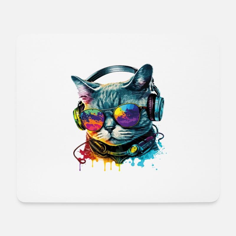 Katze Sonnenbrille Kopfhörer Splash Bunt Tier - Mousepad (Querformat) - Weiß