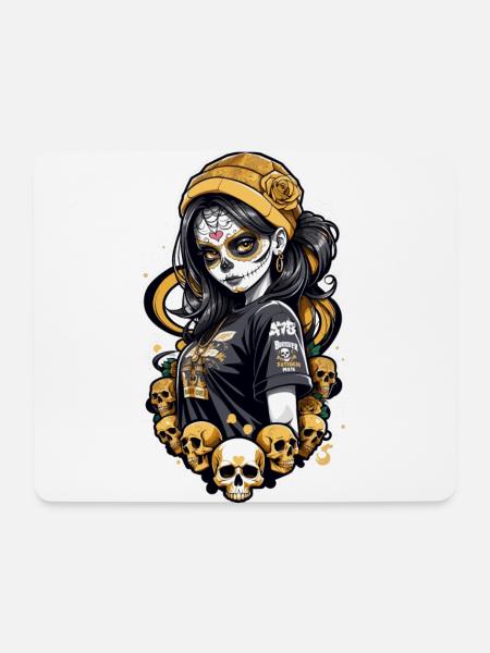 Sugar Skull Girl with Yellow Hat and Skulls - Mouse Pad (horizontal) - white