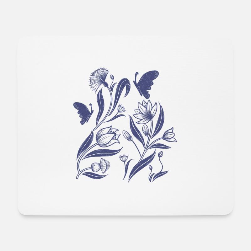 Blaues Blütenmuster im Folk Art Stil - Mousepad (Querformat) - Weiß