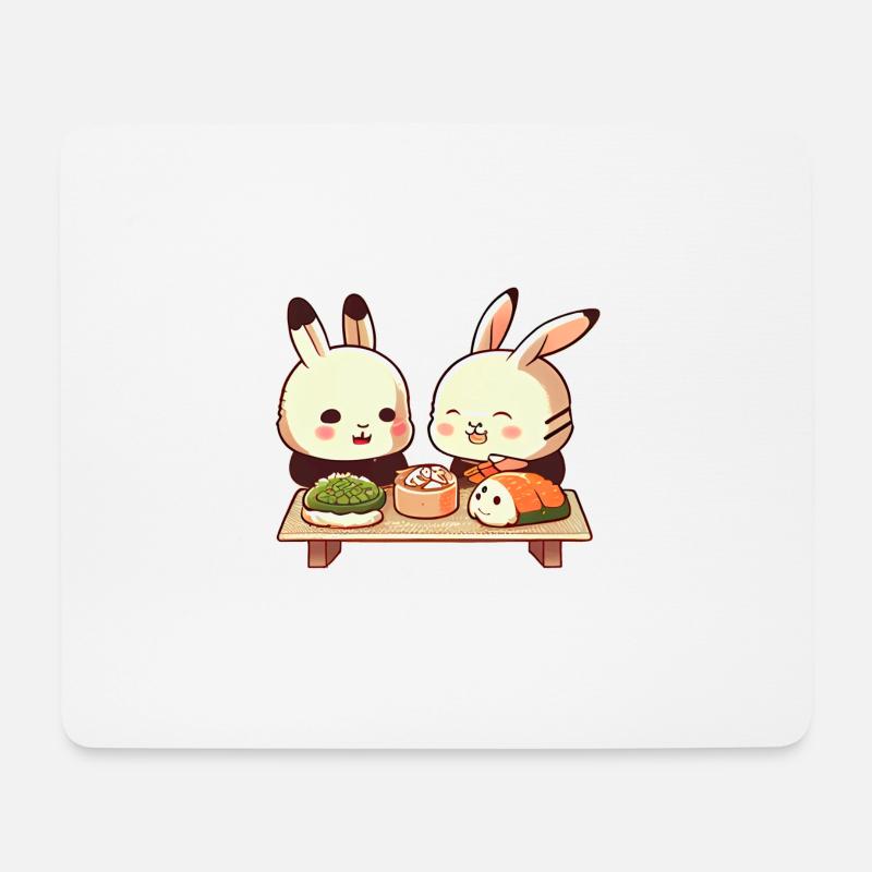 Süße Comic Hasen essen zusammen Sushi - Mousepad (Querformat) - Weiß