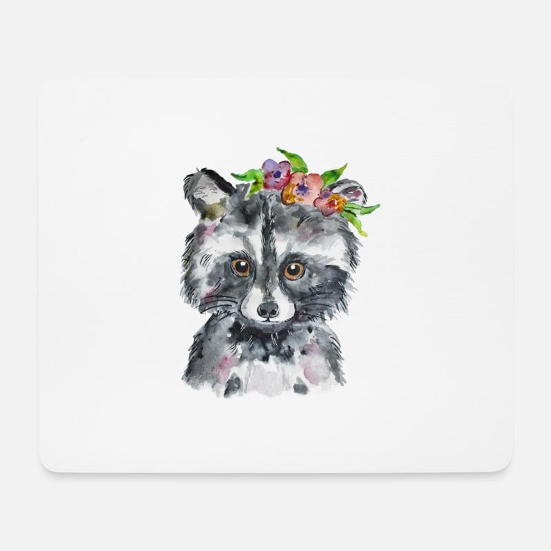 Waschbär Aquarell Design Blumenkranz - Mousepad (Querformat) - Weiß