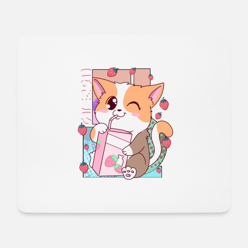 Süße japanische Kawaii Katze Erdbeermilch Shake Nek - Mousepad (Querformat) - Weiß