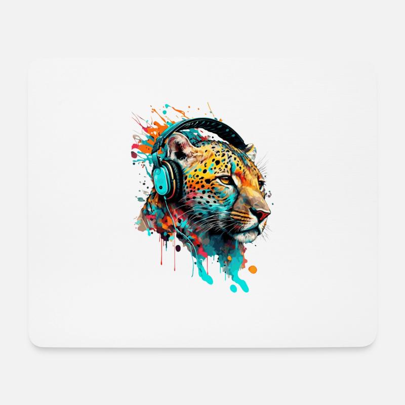 Leopard mit Kopfhörern DJ - Mousepad (Querformat) - Weiß