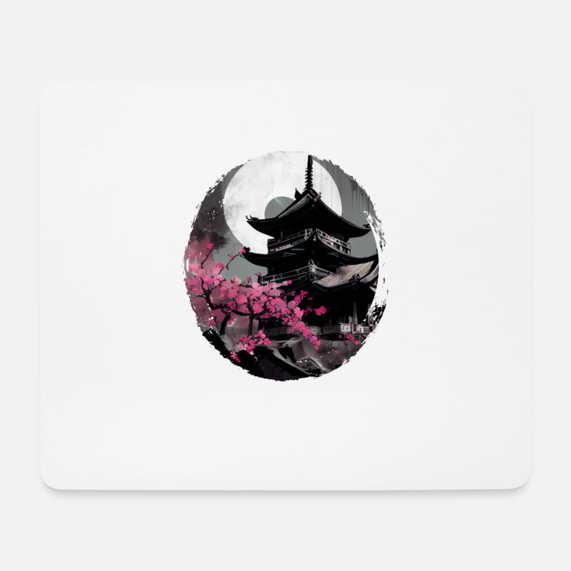 Vintage Japanische Sakura Kirschblüten Tempel - Mousepad (Querformat) - Weiß