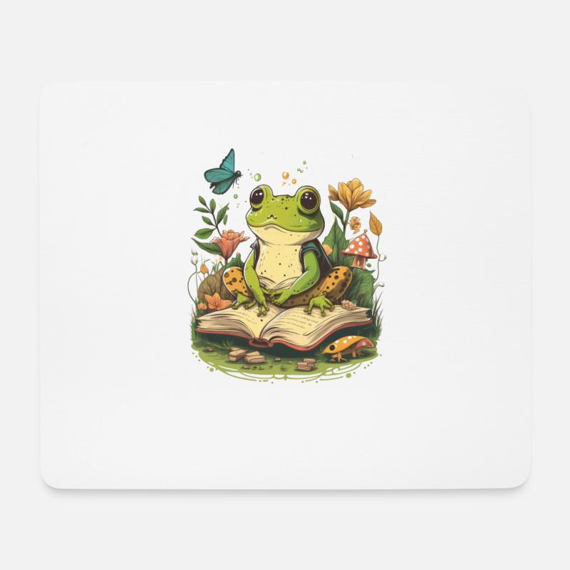 White Cottagecore Aesthetic Mushroom Frog Reading - Mousepad (Querformat) - Weiß