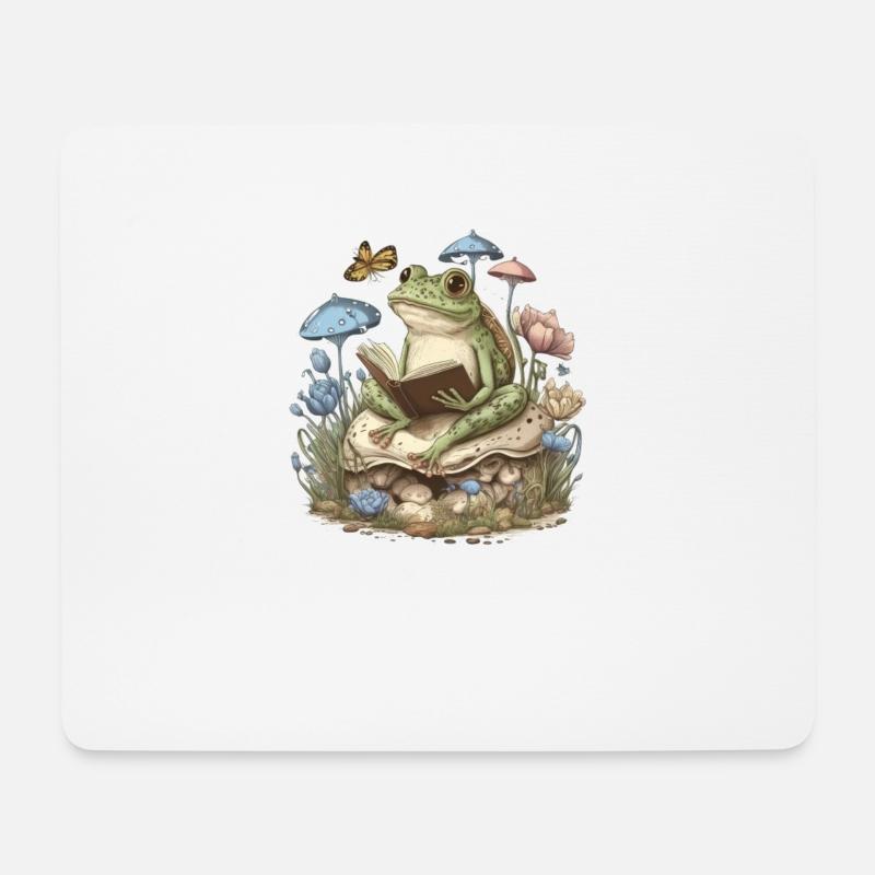 White Cottagecore Aesthetic Mushroom Frog Reading - Mousepad (Querformat) - Weiß