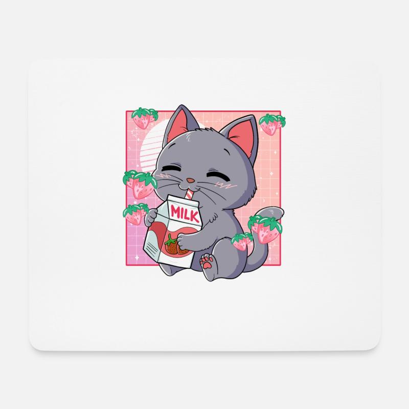 Kawaii Katze Erdbeermilch - Mousepad (Querformat) - Weiß