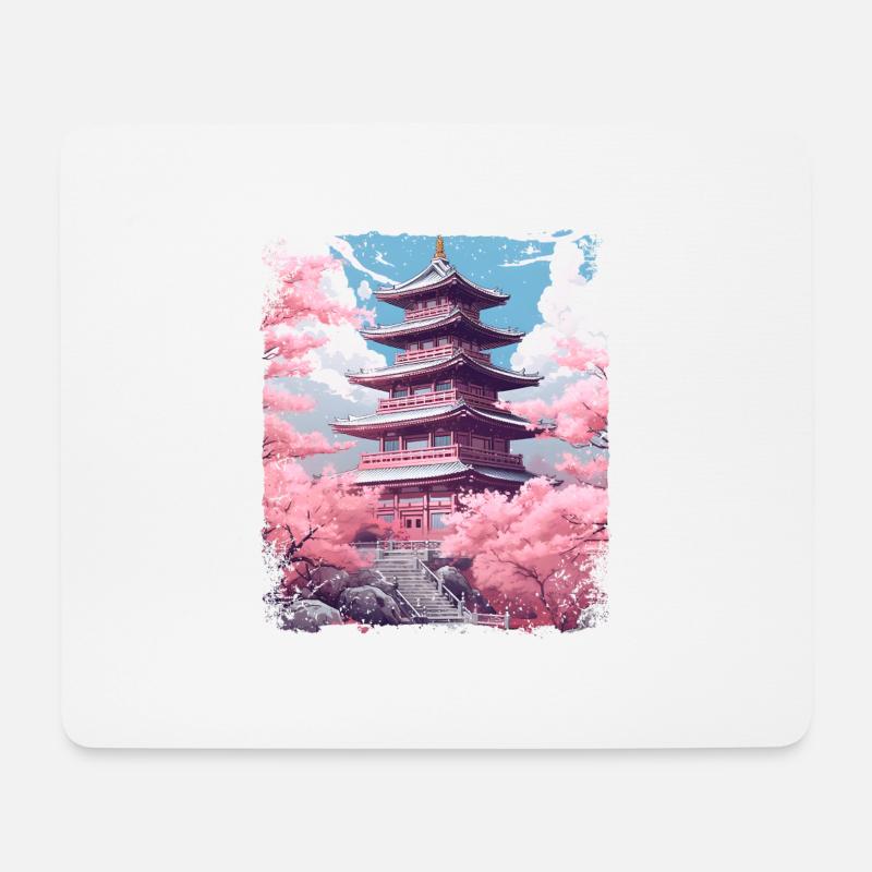 Sakura en fleurs de cerisier dans un temple Vaporwave - Tapis de souris (format paysage) - blanc