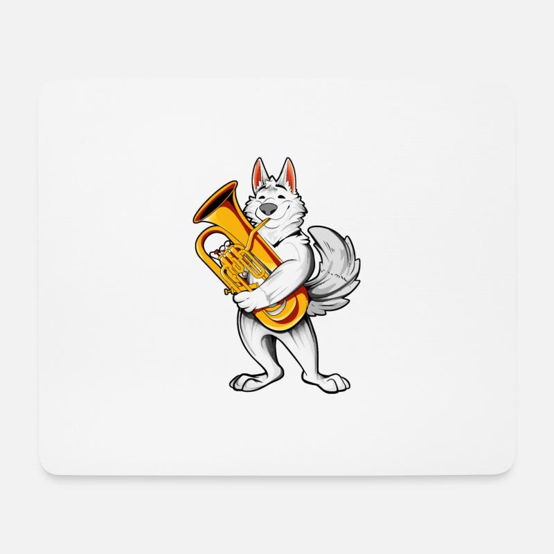 Cartoon Wolf spielt Euphonium - Mousepad (Querformat) - Weiß