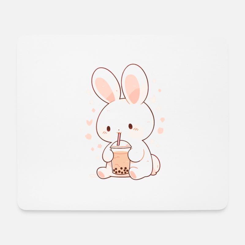 Kawaii Hase trinkt Boba Bubble Tea Chibi - Mousepad (Querformat) - Weiß