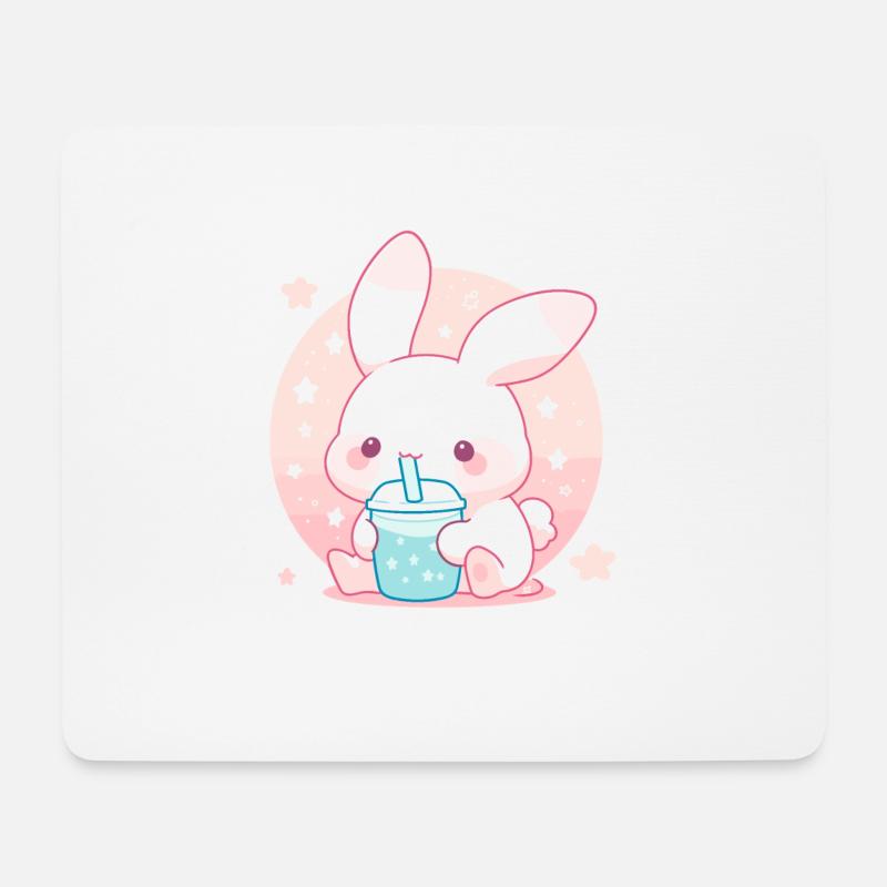 Kawaii Hase trinkt Boba Bubble Tea Chibi - Mousepad (Querformat) - Weiß
