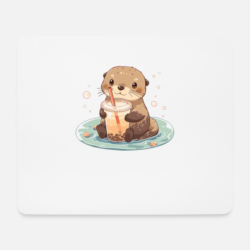 Kawaii Otter trinkt Boba Bubble Tea Chibi - Mousepad (Querformat) - Weiß