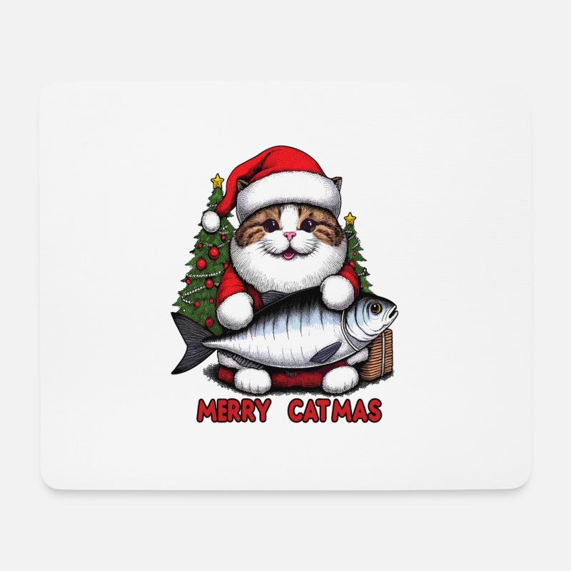 Dicke Katze als Weihnachtsmann mit Thunfisch, Merry Catmas - Mousepad (Querformat) - Weiß