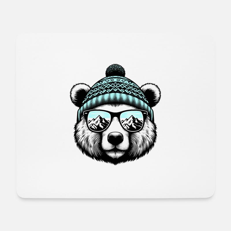 Drôle d’ours avec bonnet tricoté Ski vacances Snowboard - Tapis de souris (format paysage) - blanc