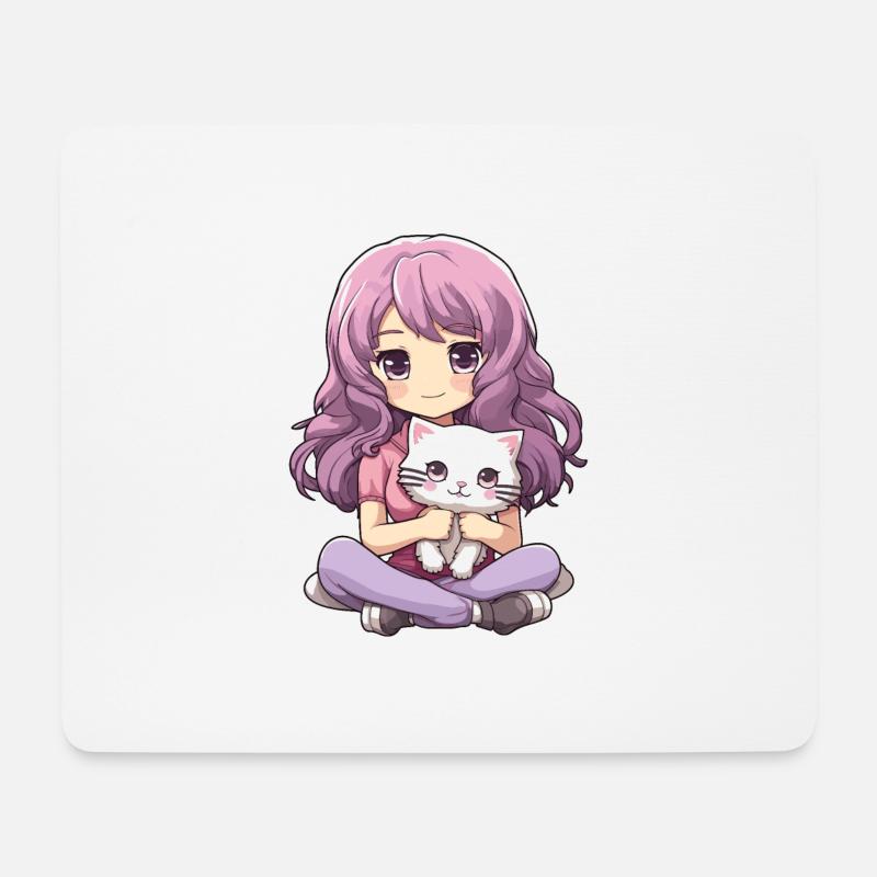 Kawaii Mädchen Anime Manga Mädchen und Katze - Mousepad (Querformat) - Weiß