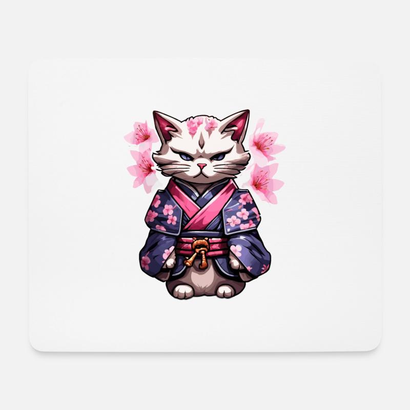 Chat samouraï & fleurs de cerisier #5 - Tapis de souris (format paysage) - blanc