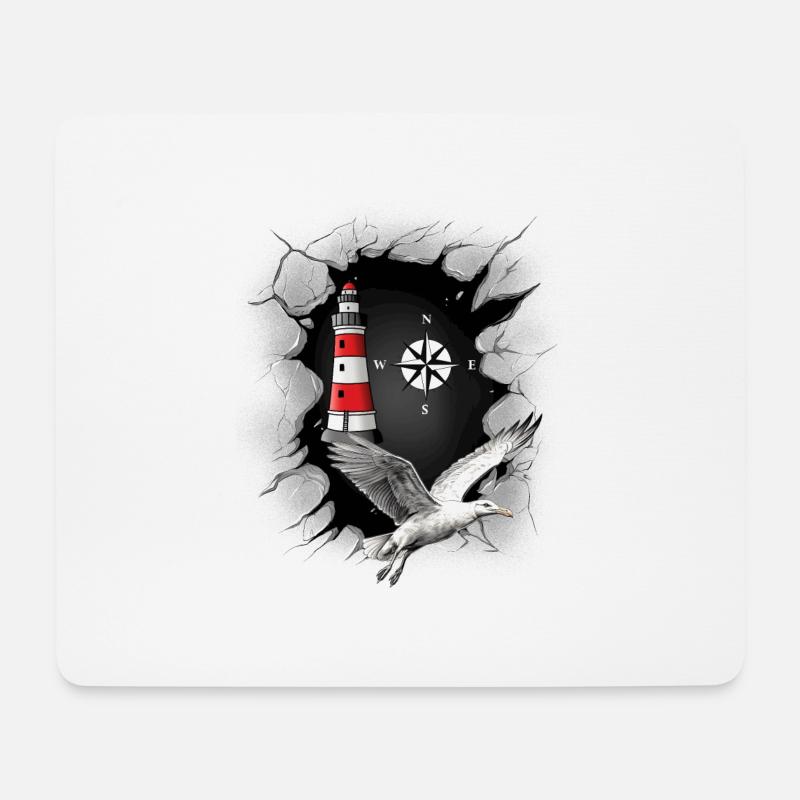 Möwe Leuchtturm Kompass maritim - Mousepad (Querformat) - Weiß