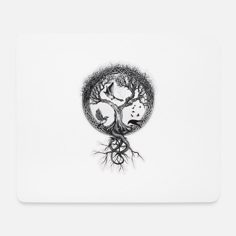 Lebensbaum mit Vögel und Raben und Wurzeln - Mousepad (Querformat) - Weiß