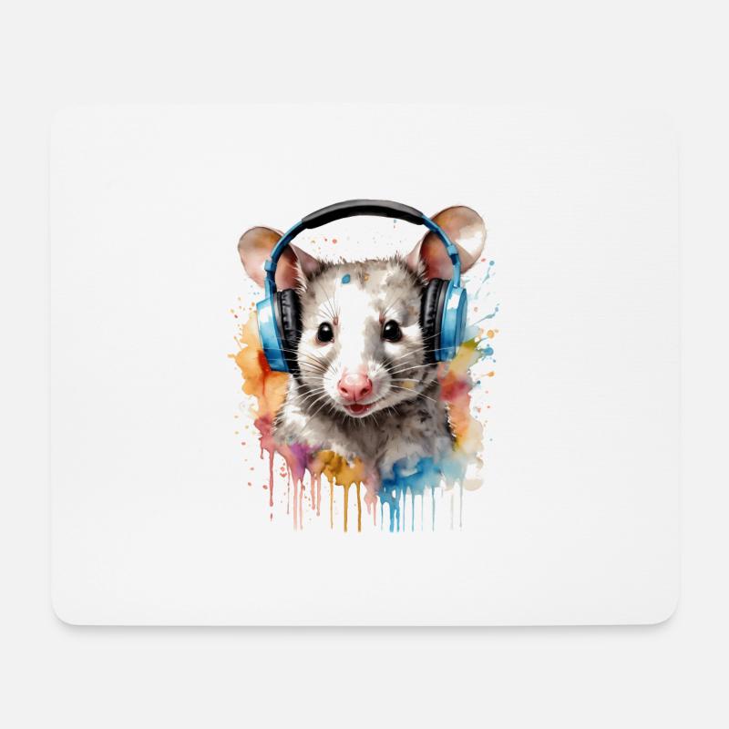 Opossum Kopfhörer Bunt Tier Design Print - Mousepad (Querformat) - Weiß