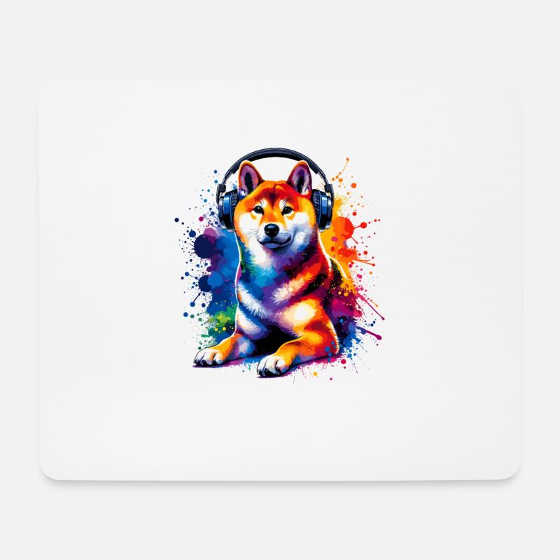 Bunte Splash Art Kopfhörer Japanisch Shiba Inu - Mousepad (Querformat) - Weiß