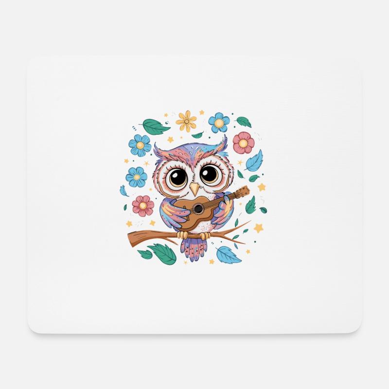 Niedliche Eule Vogel Federn Blumen Gitarre - Mousepad (Querformat) - Weiß