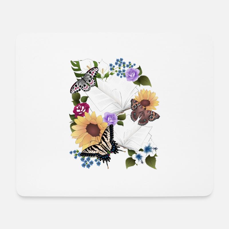 Bücher mit Blumen und Schmetterlinge - Mousepad (Querformat) - Weiß