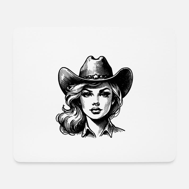 Retro Cow Girl, Line Art Western Style - Mousepad (Querformat) - Weiß