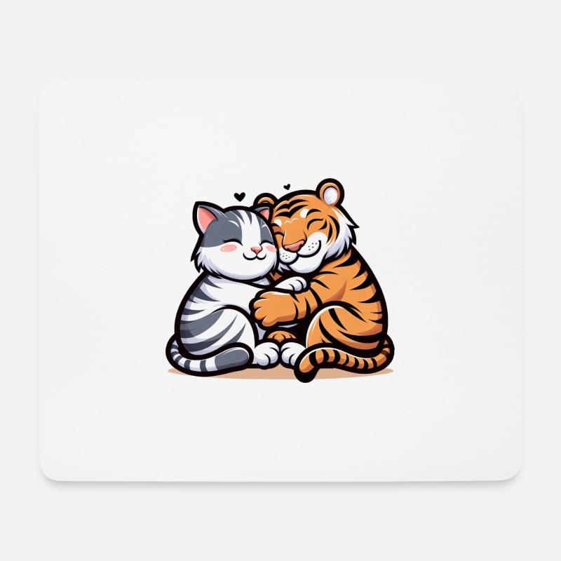 Cuddling Cat And Tiger In Love - Mousepad (Querformat) - Weiß