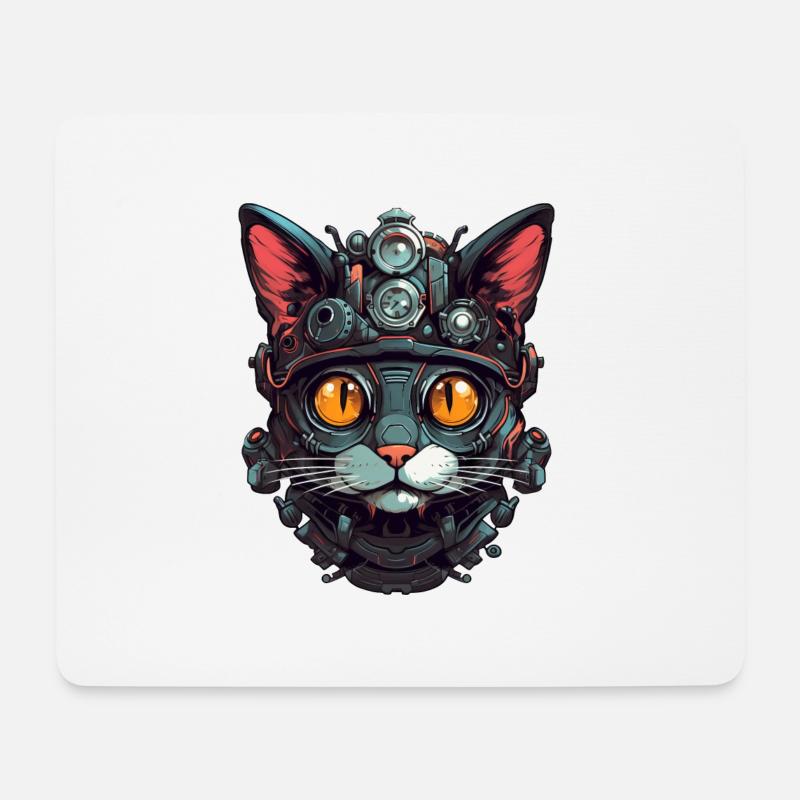Katze Roboter Cyborg Kopf Portrait Steampunk Cyber - Mousepad (Querformat) - Weiß