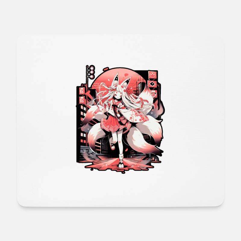Anime Mädchen Kitsune posiert, süß, Fuchs, - Mousepad (Querformat) - Weiß