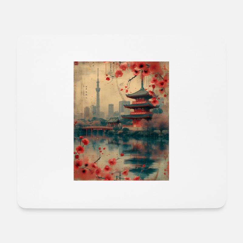 Eastern Harmony: Vintage-Skyline von Tokio mit Kirsche - Mousepad (Querformat) - Weiß
