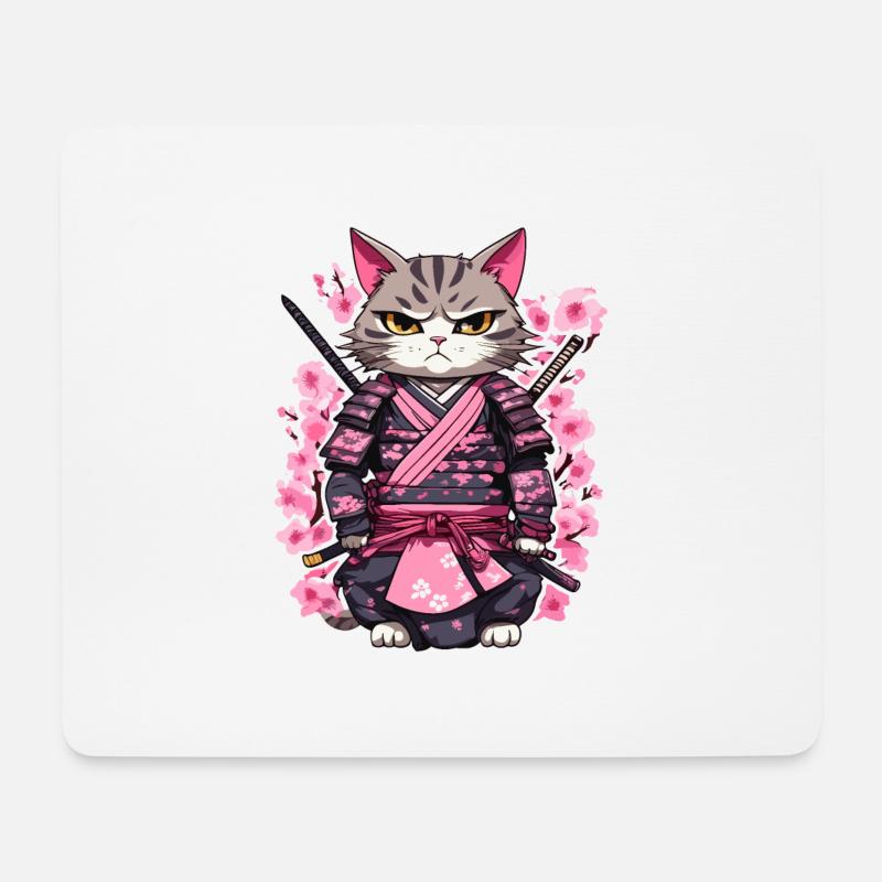 Chat samouraï & fleurs de cerisier #7 - Tapis de souris (format paysage) - blanc