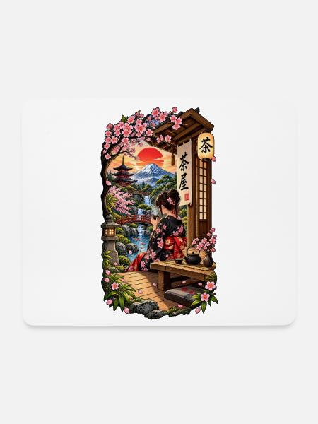 Geisha im Teehaus mit Sakura & Fuji - Mousepad (Querformat) - Weiß