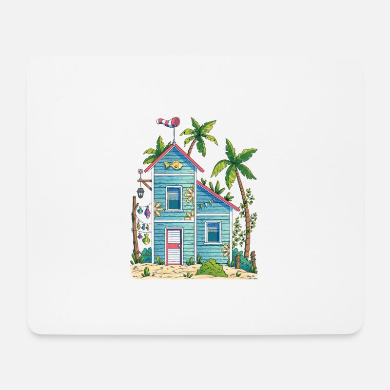 Blaues Holzhaus am Strand - Mousepad (Querformat) - Weiß