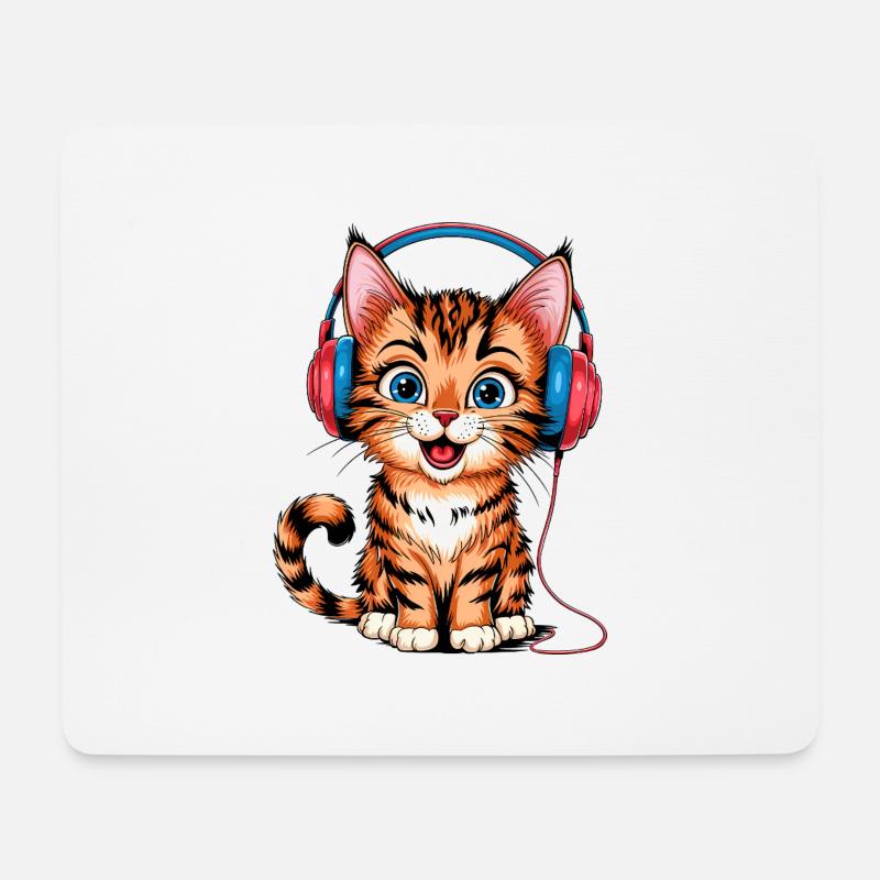 Kopfhörer-Kätzchen - Mousepad (Querformat) - Weiß