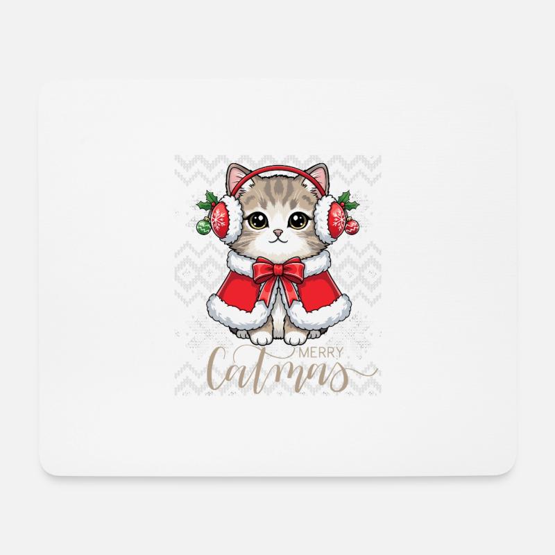 Chat Noël avec écouteurs rouges et cape - Tapis de souris (format paysage) - blanc
