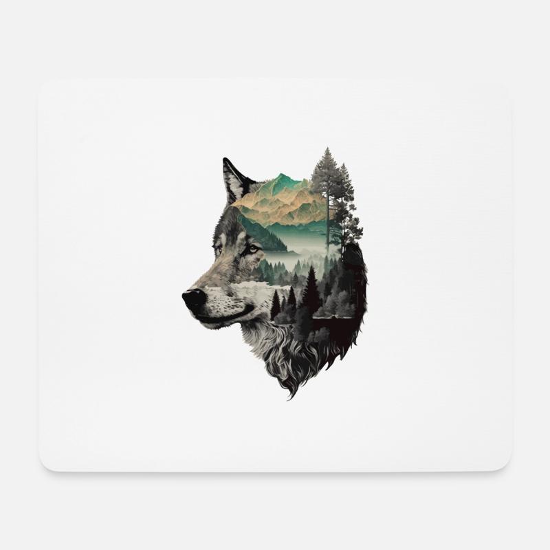 Wolf Wolfskopf Natur Wildnis Wald Bäume Kunst - Mousepad (Querformat) - Weiß